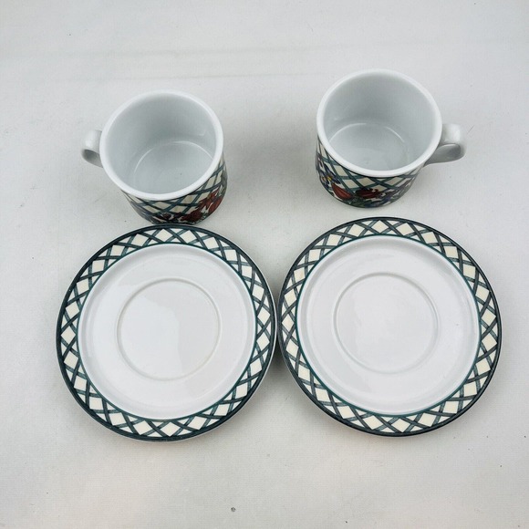 Dansk Nordic Garden Flat Cup & Saucer Set Lot of 2 Round Floral Lattice & Ribbon - Picture 3 of 10